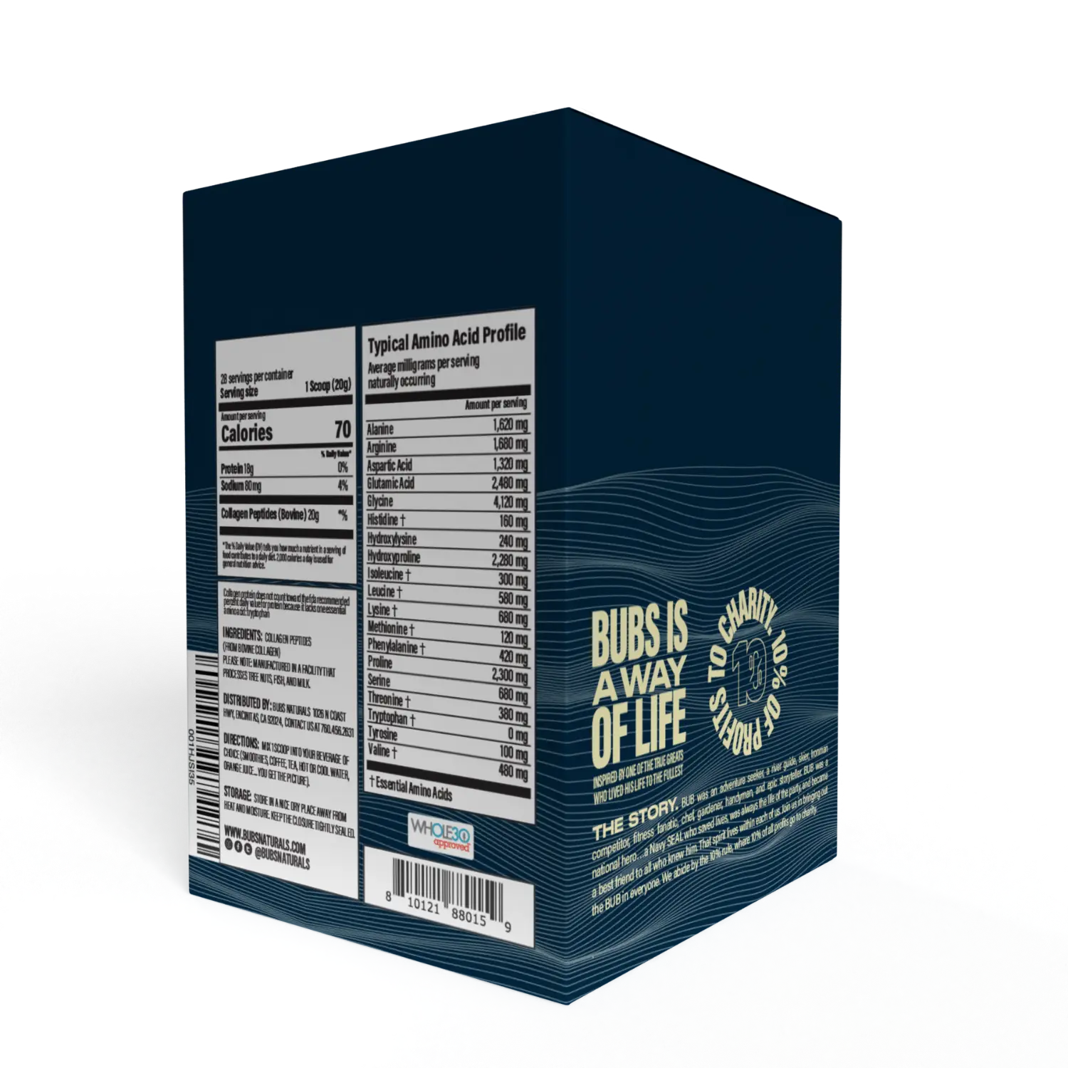 Collagen Protein Stick Pack CASE PACK (6) BUBS NATURALS, Back Label
