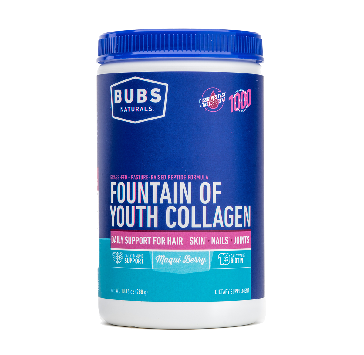 Fountain of Youth Maqui Berry Flavored Collagen with Biotin and Vitamin C, 10.16 oz Tub, BUBS Naturals, Front