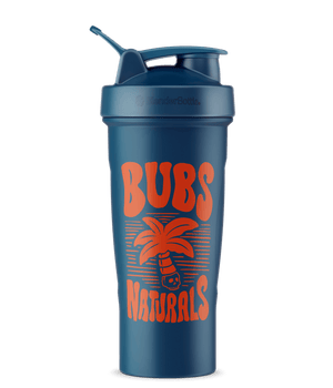 BUBS Naturals Blue Blender Bottle with Orange Skill Palm BUBS Logo